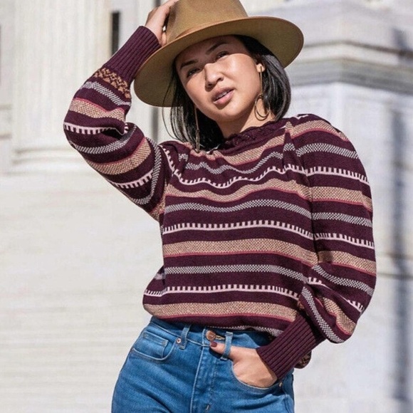 LOFT Scalloped Striped Metallic Maroon Sweater size XS - Picture 10 of 10